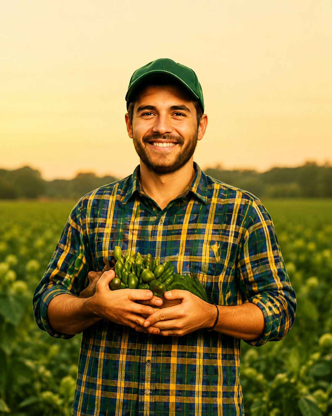 A farmer holding fresh produce in a field