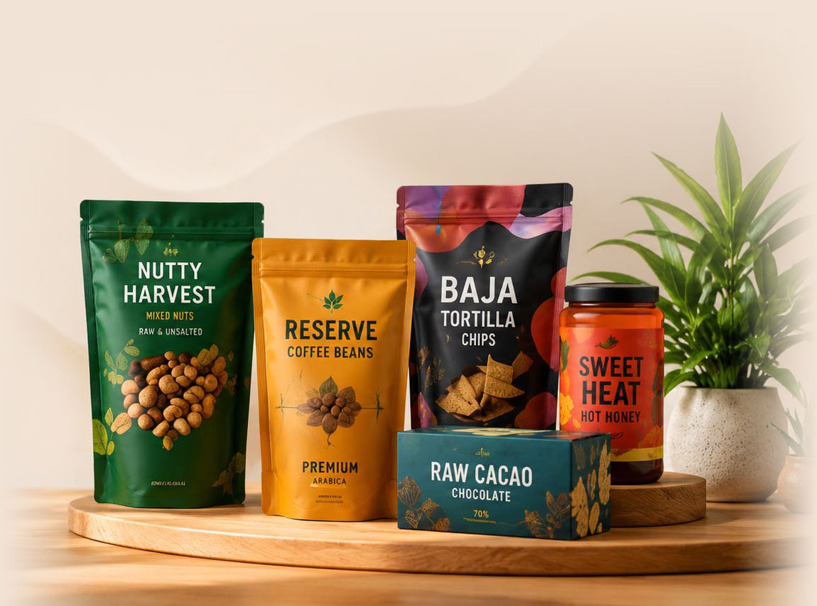 A lineup of custom printed food packaging pouches and jars