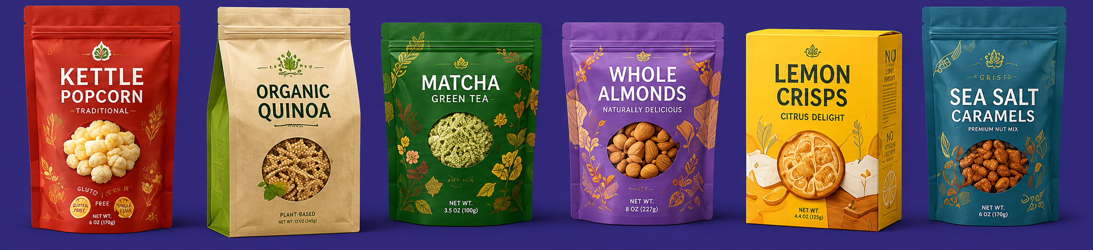 A lineup of custom printed food packaging bags and boxes