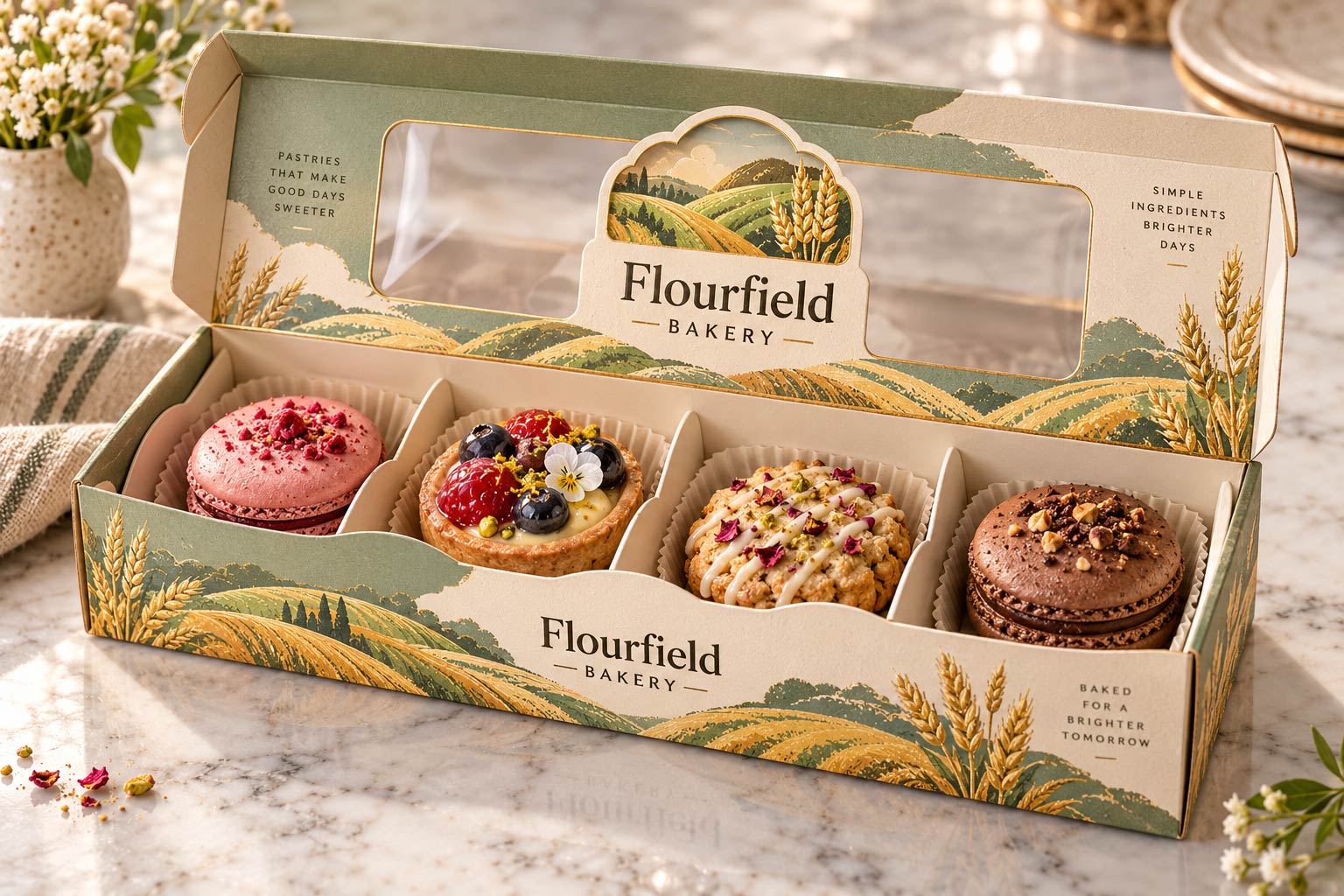 Printed bakery box with a die-cut window and insert pockets