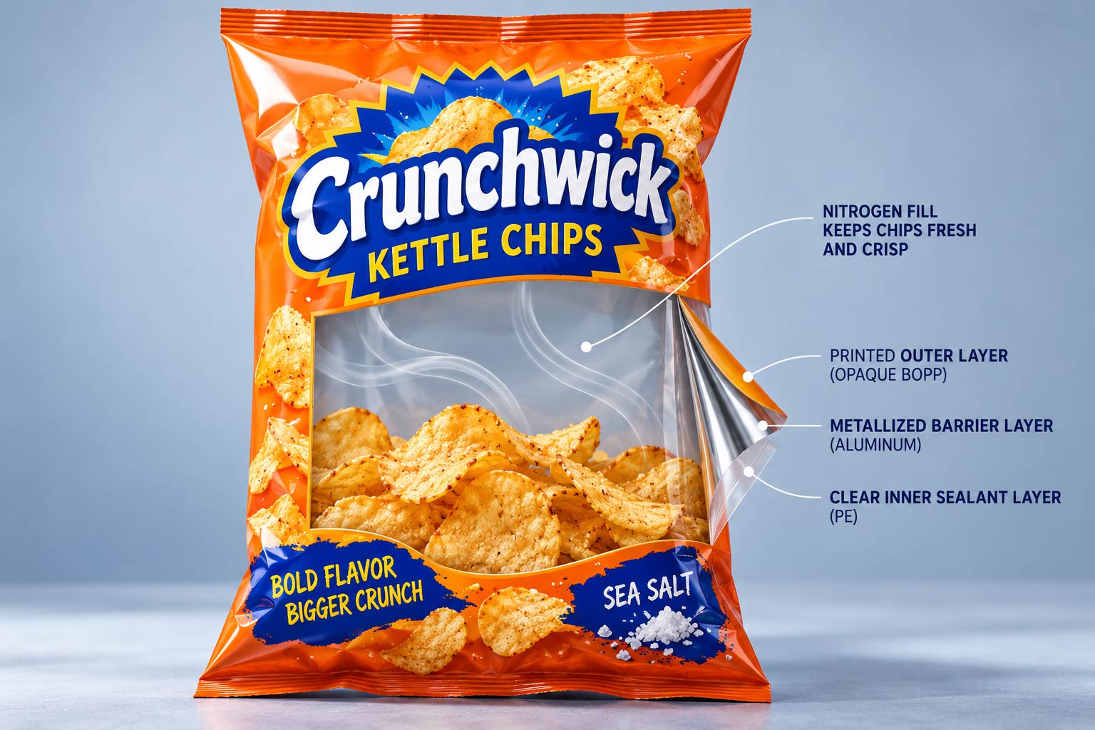 A cutaway view of a sealed chip bag puffed with nitrogen, the chips resting whole inside the cushion of gas