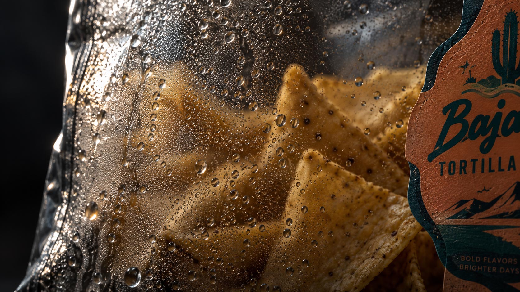 Close-up of the inside of a clear snack pouch showing fine condensation and fog on the film above the product