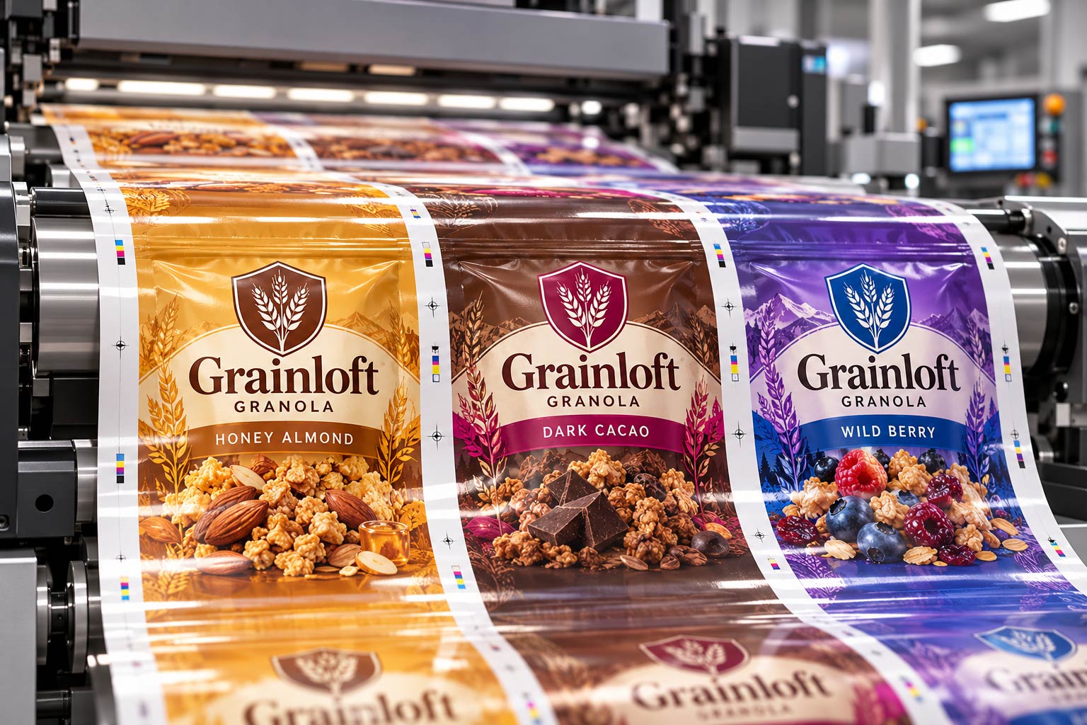 A digital printing press running a continuous roll of food film, with several different flavor designs of a fictional granola brand printed back to back with no plate changes
