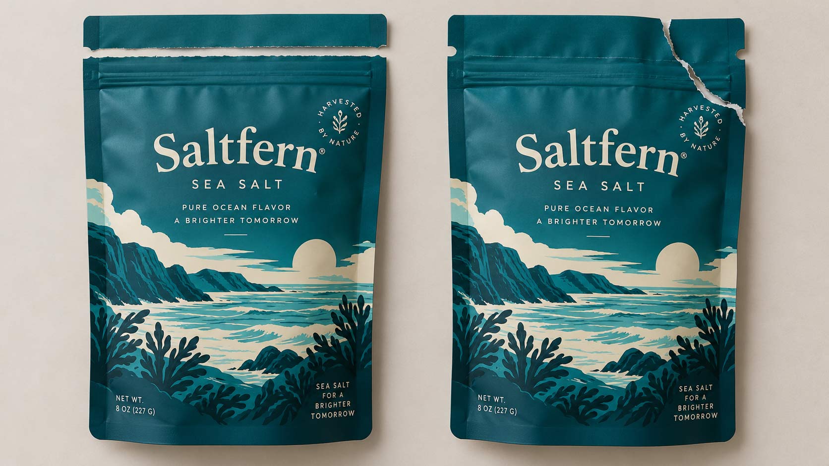 Two identical pouches opened side by side, one with a clean straight tear across the top and one with a tear that has wandered downward