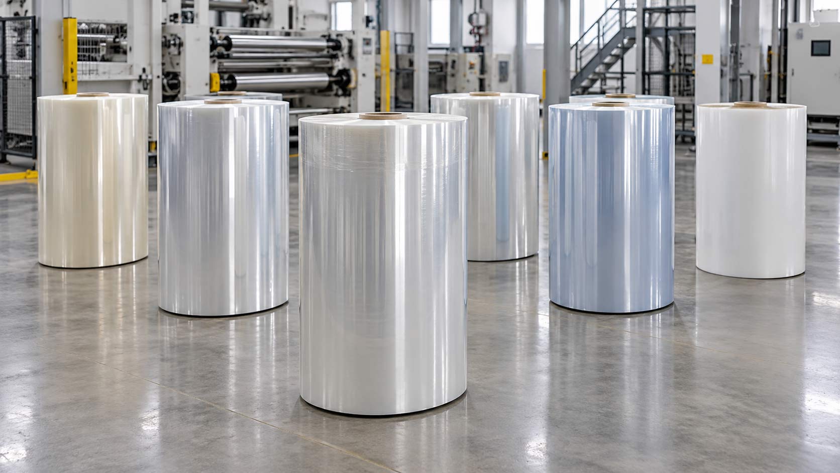 Rolls of packaging film standing on end in a clean plant, acclimating before a run