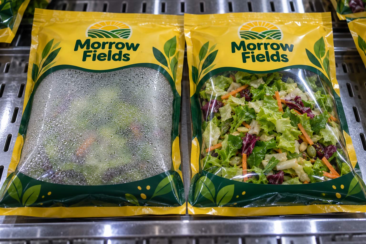 A close comparison of two clear package windows in a cooler, one clouded with tiny droplets and one perfectly clear with the food visible behind it