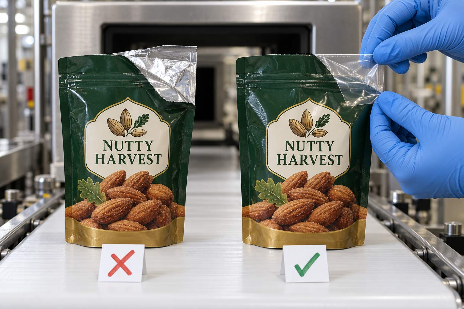 A foil pouch and a metallized film pouch side by side on a conveyor heading into a food line metal detector