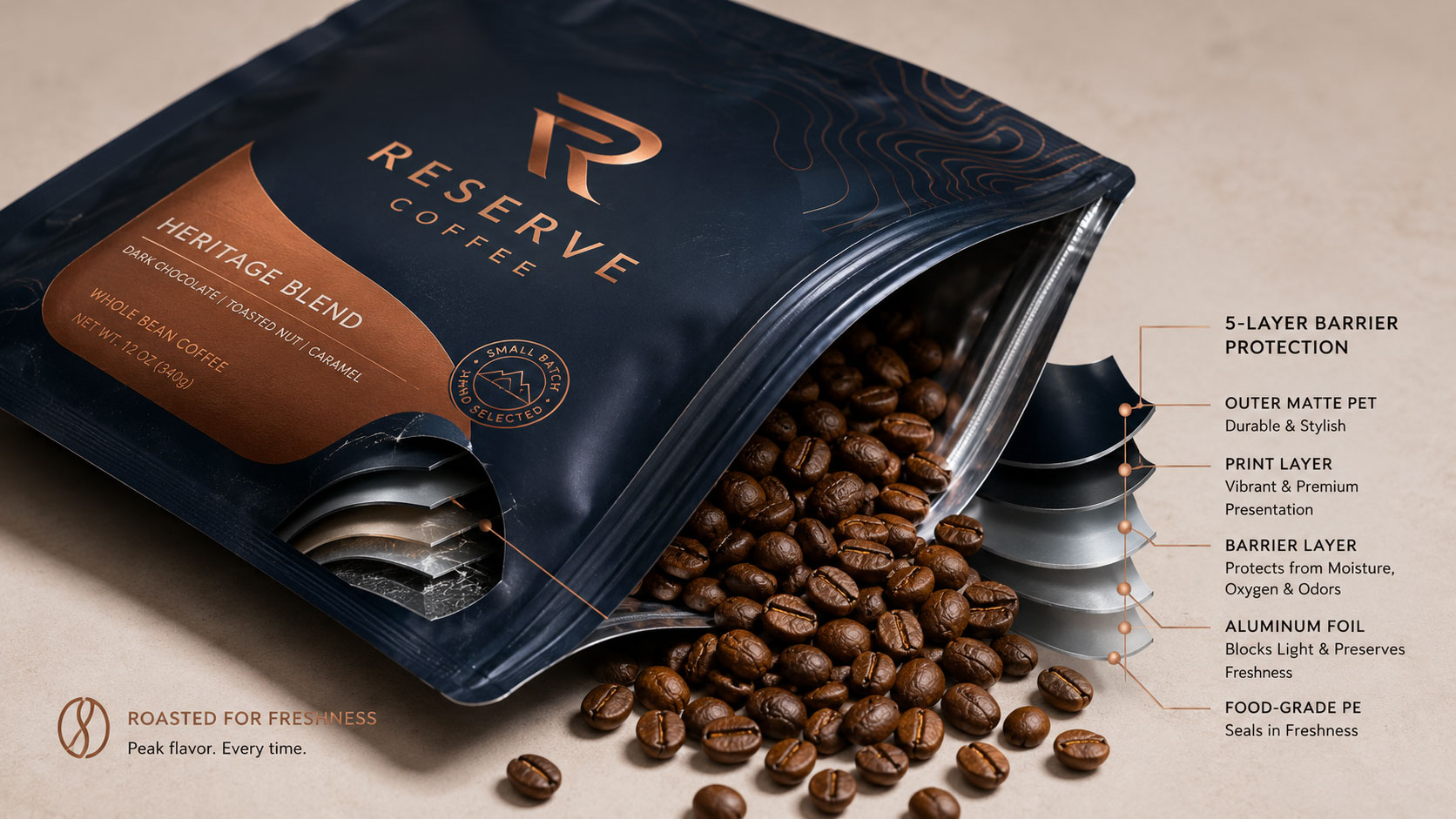 Close view of a food pouch material cutaway showing the barrier layers that keep the product fresh