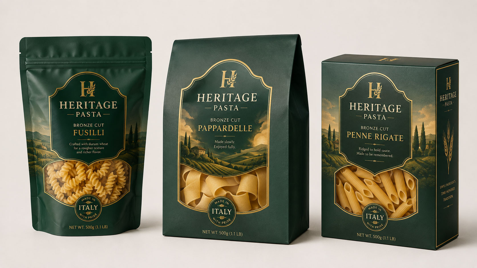 Custom food packaging formats side by side, including a stand-up pouch, a flat bottom bag, and a printed box