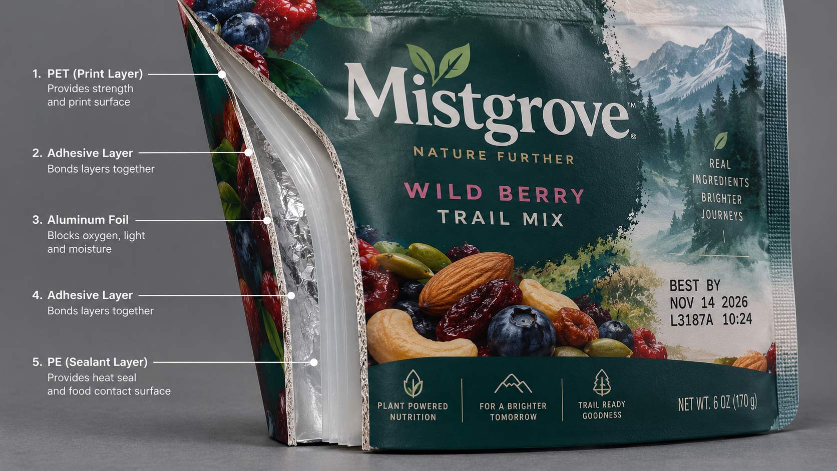 A food pouch beside its printed best by date, with the barrier layers of the structure shown in cross section