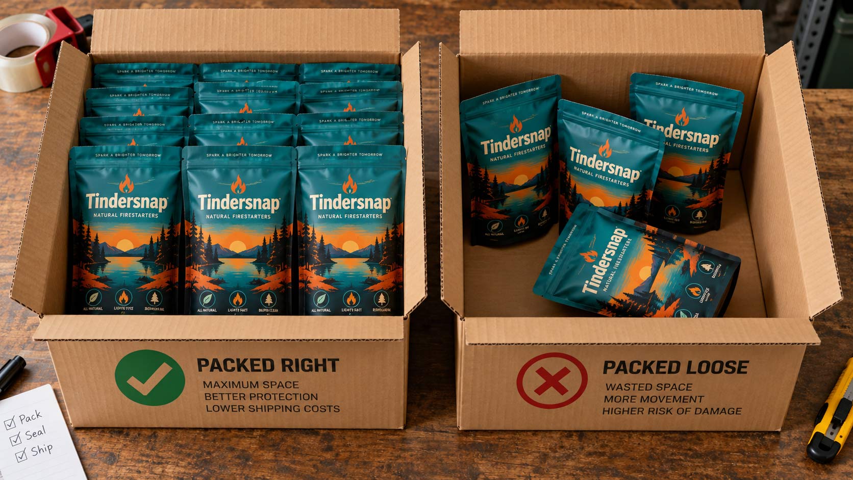 Food pouches packed snugly in a case with no room to shift, next to a loosely packed case for comparison
