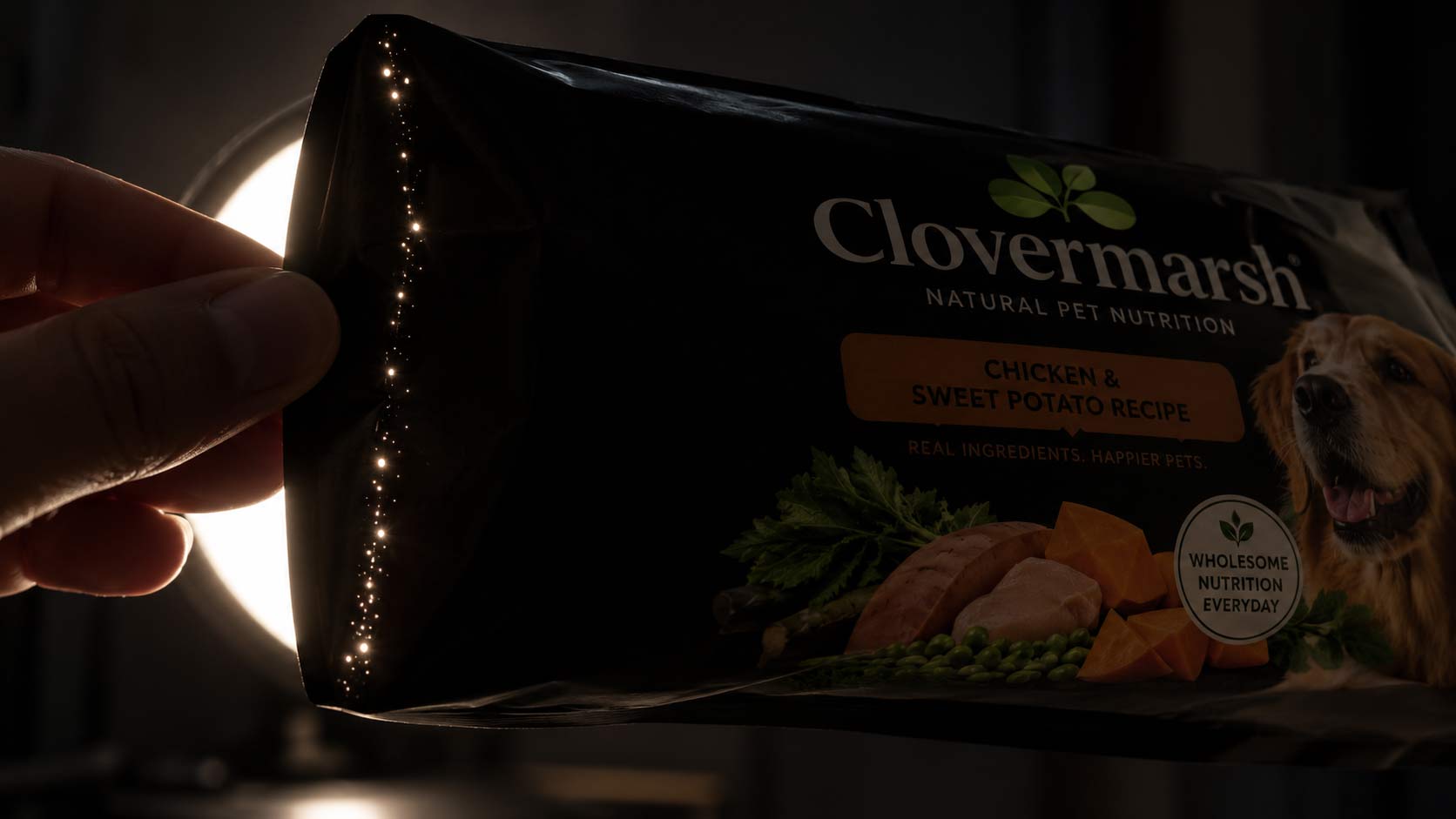 A food pouch held against a bright light with tiny pinholes of light visible along the gusset crease