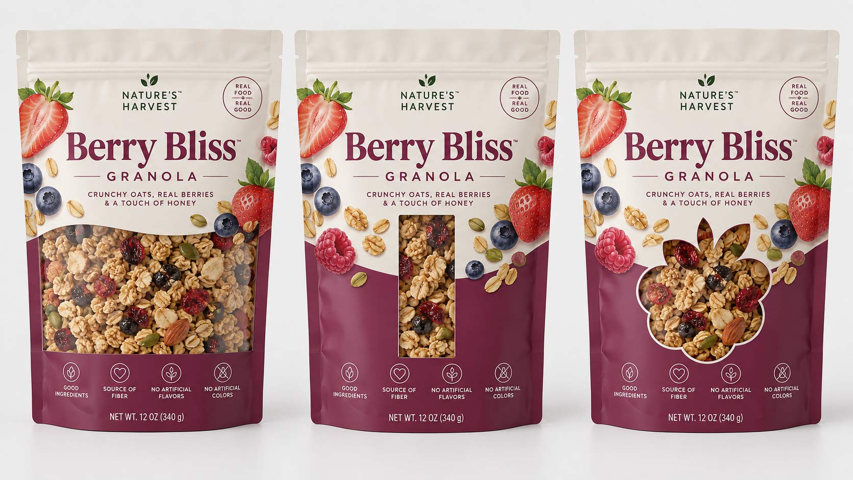 Three versions of the same food pouch side by side showing a full front window, a narrow strip window, and a small die-cut window