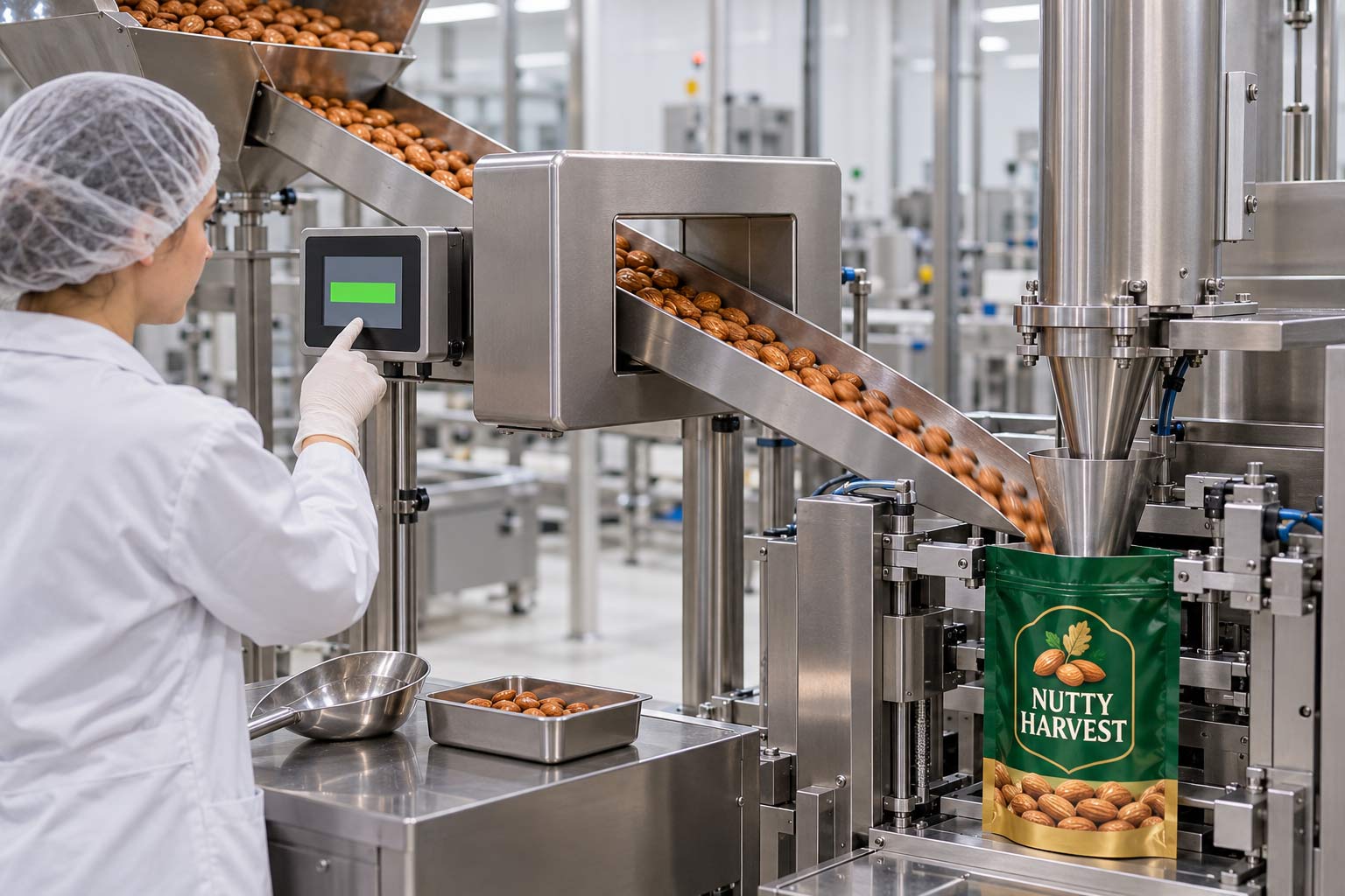 Loose food product passing through a metal detector on the line before it reaches the bag filler