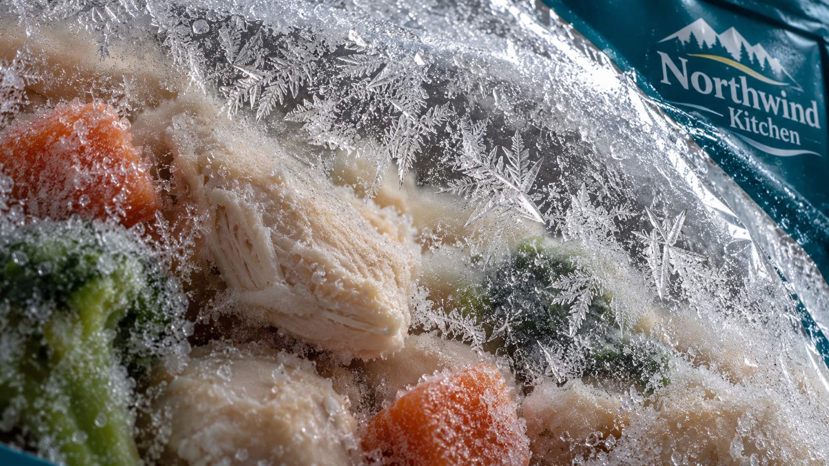 An extreme close-up of frost and ice crystals coating the inside wall of a frozen food bag, with pale, dried food just behind the film