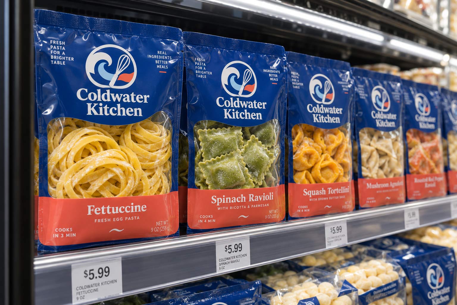 Fresh pasta pouches with clear windows lined up in a grocery store cooler, the product easy to see through every window