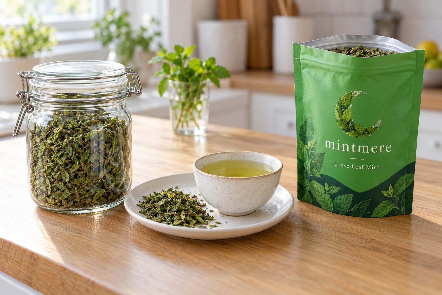 A glass jar and a pouch of the same loose leaf mint tea side by side on a kitchen counter, the simple jar test for flavor scalping