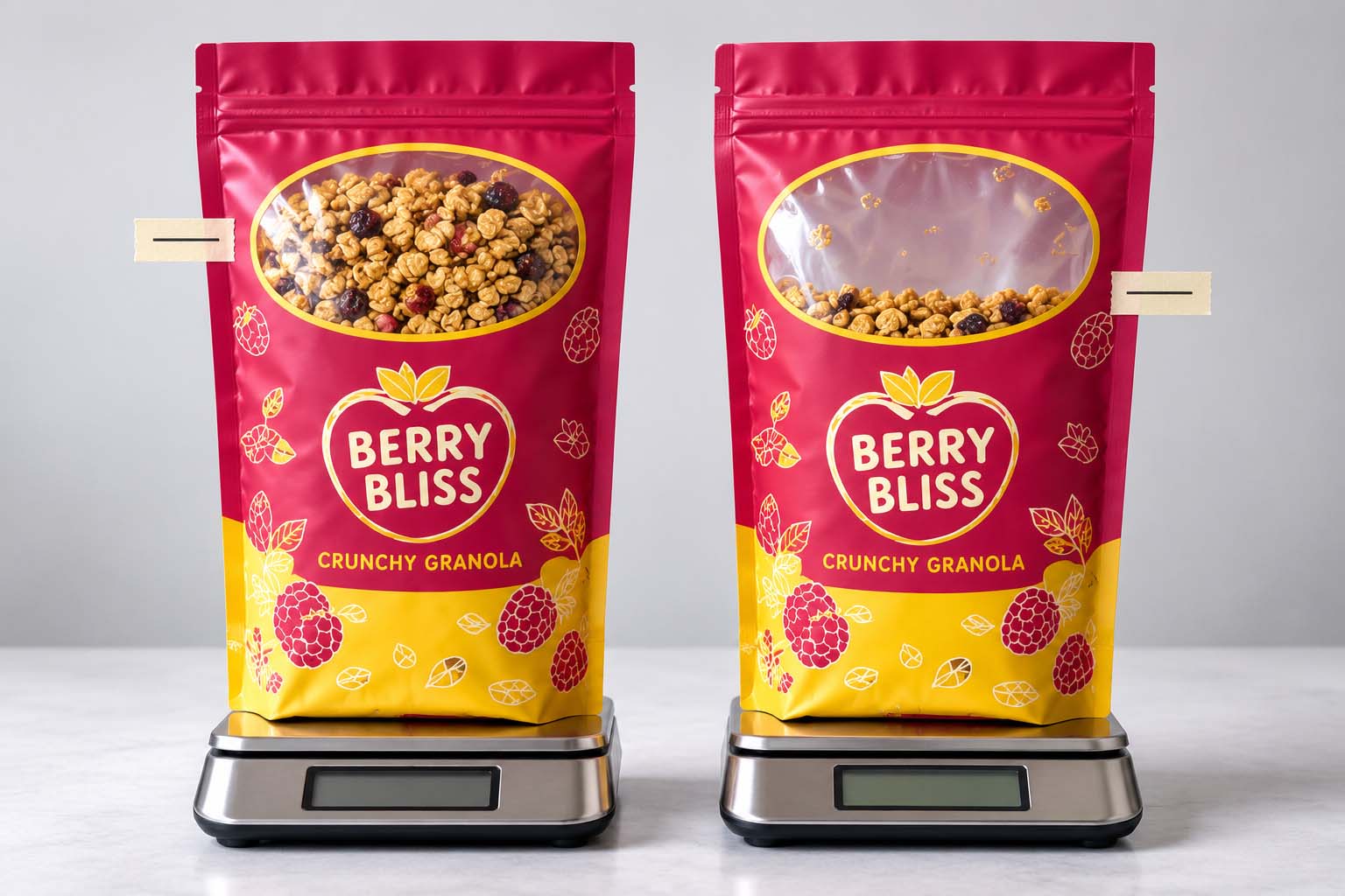 A granola pouch shown twice, freshly filled with product up to the window and after shipping with the product settled below it