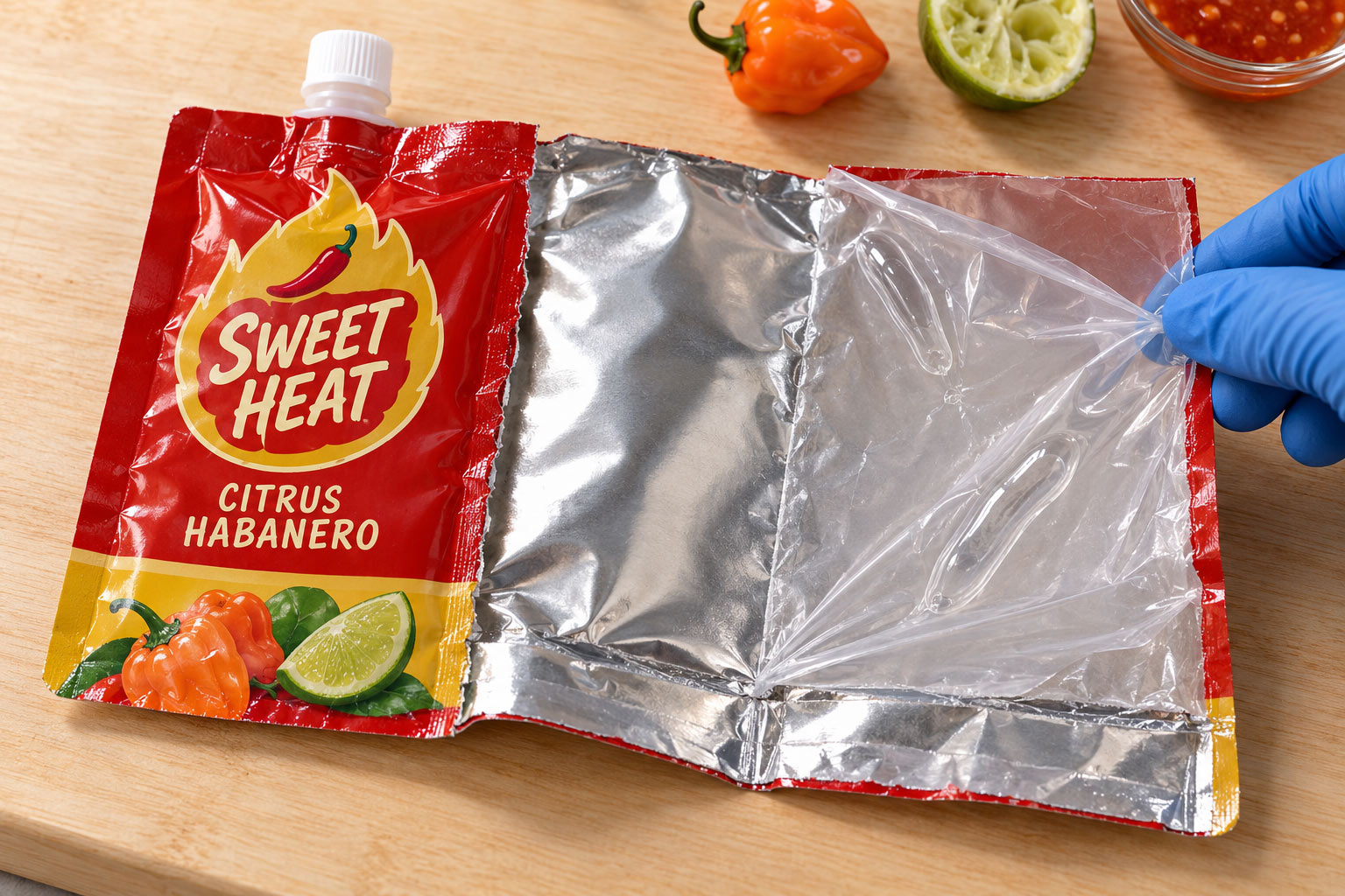 A hot sauce pouch cut open on a cutting board, with the inner film peeling away from the foil layer and soft blisters visible on the front panel