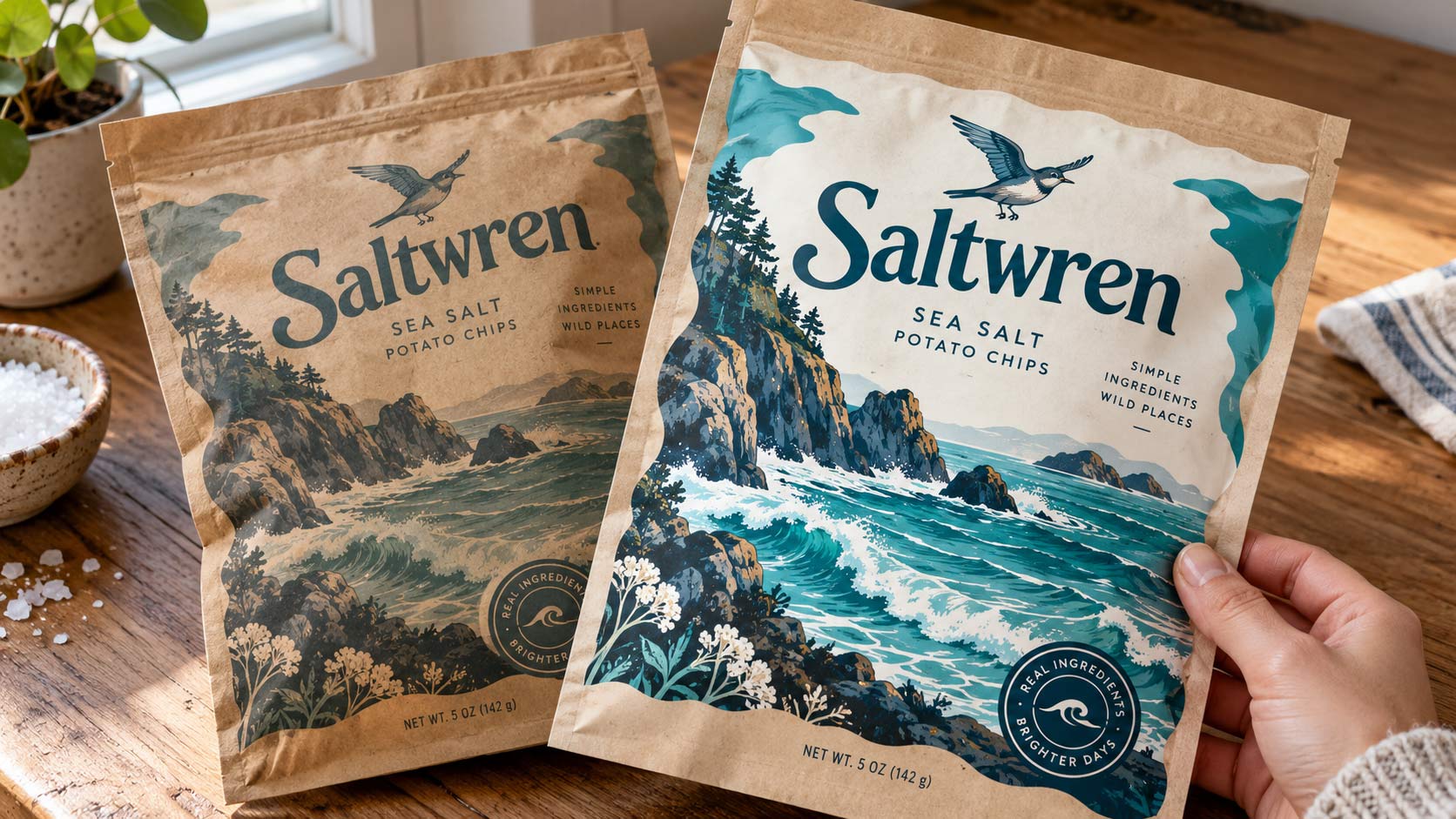 Two printed kraft bag samples side by side under daylight, one with color printed directly on the brown board and one with an opaque white base beneath the same artwork