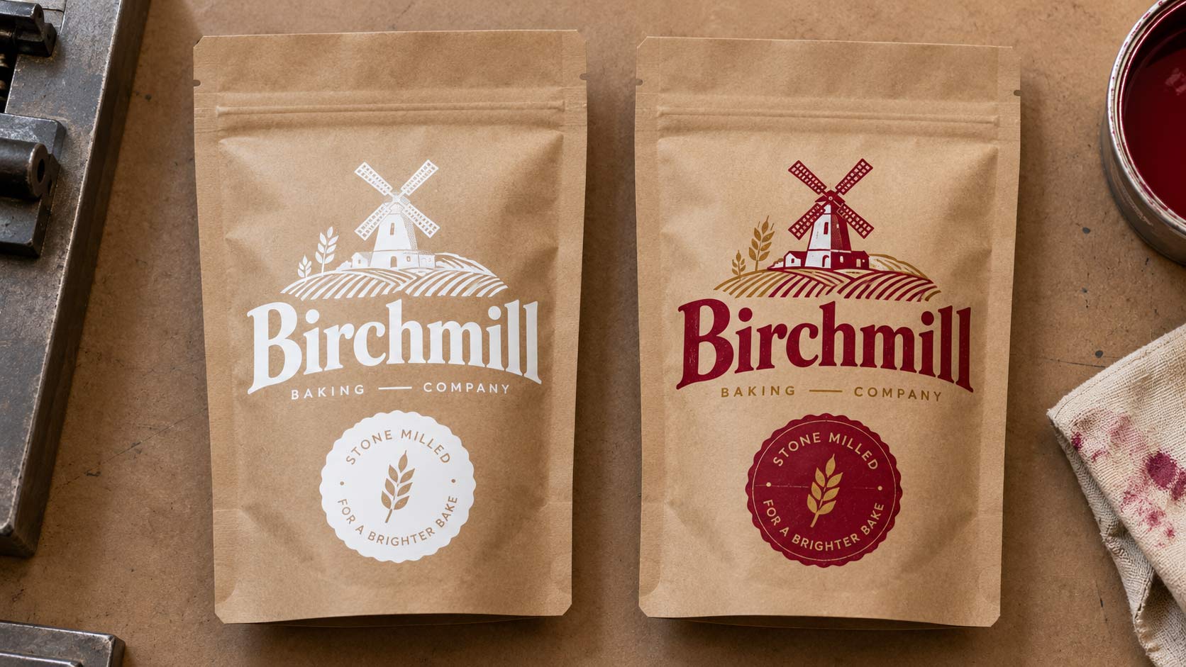 A kraft stand-up pouch shown mid production with a bright opaque white layer printed in the shape of the logo, and the finished full color version of the same bag beside it
