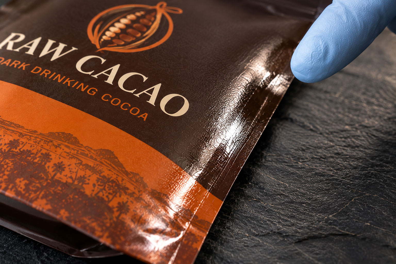 Close-up of a dark matte food pouch edge under low raking light, showing a glossy burnished streak where it rubbed in transit