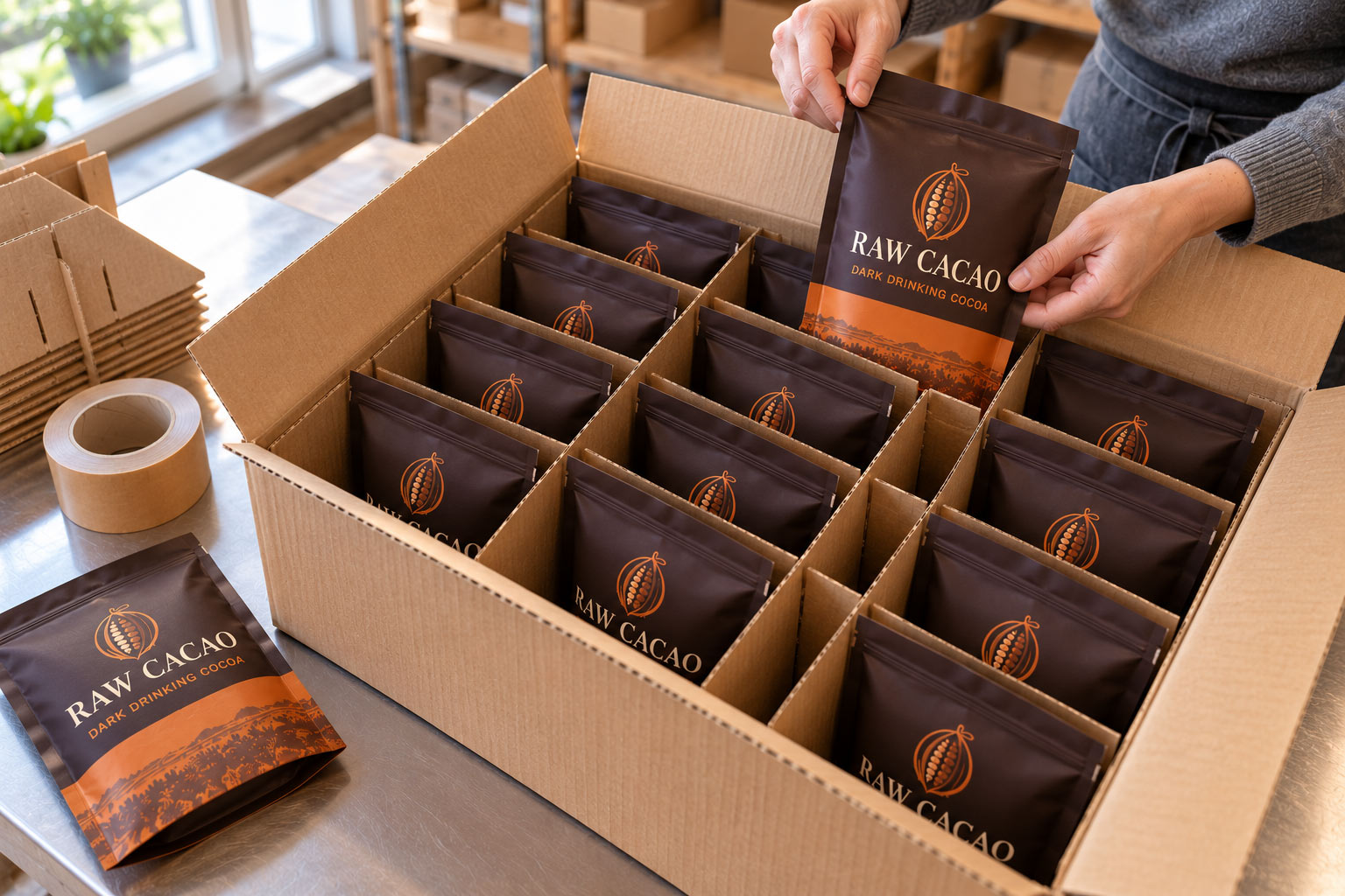 Matte food pouches packed upright in a shipping case with cardboard dividers keeping their faces apart