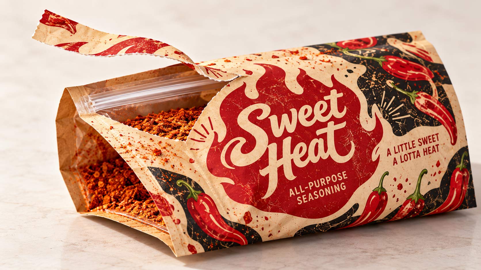 A food pouch with a pocket zipper, shown with the tear-off strip partly removed to reveal the clean untouched zipper track underneath