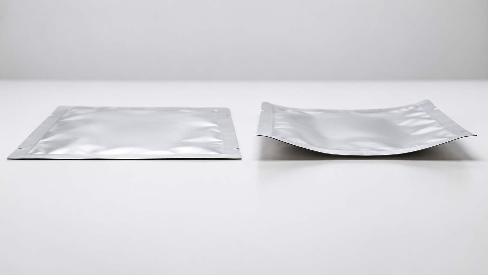 Two unprinted pouch blanks on a flat surface, one lying perfectly flat and one lifting at the edges with a visible curl