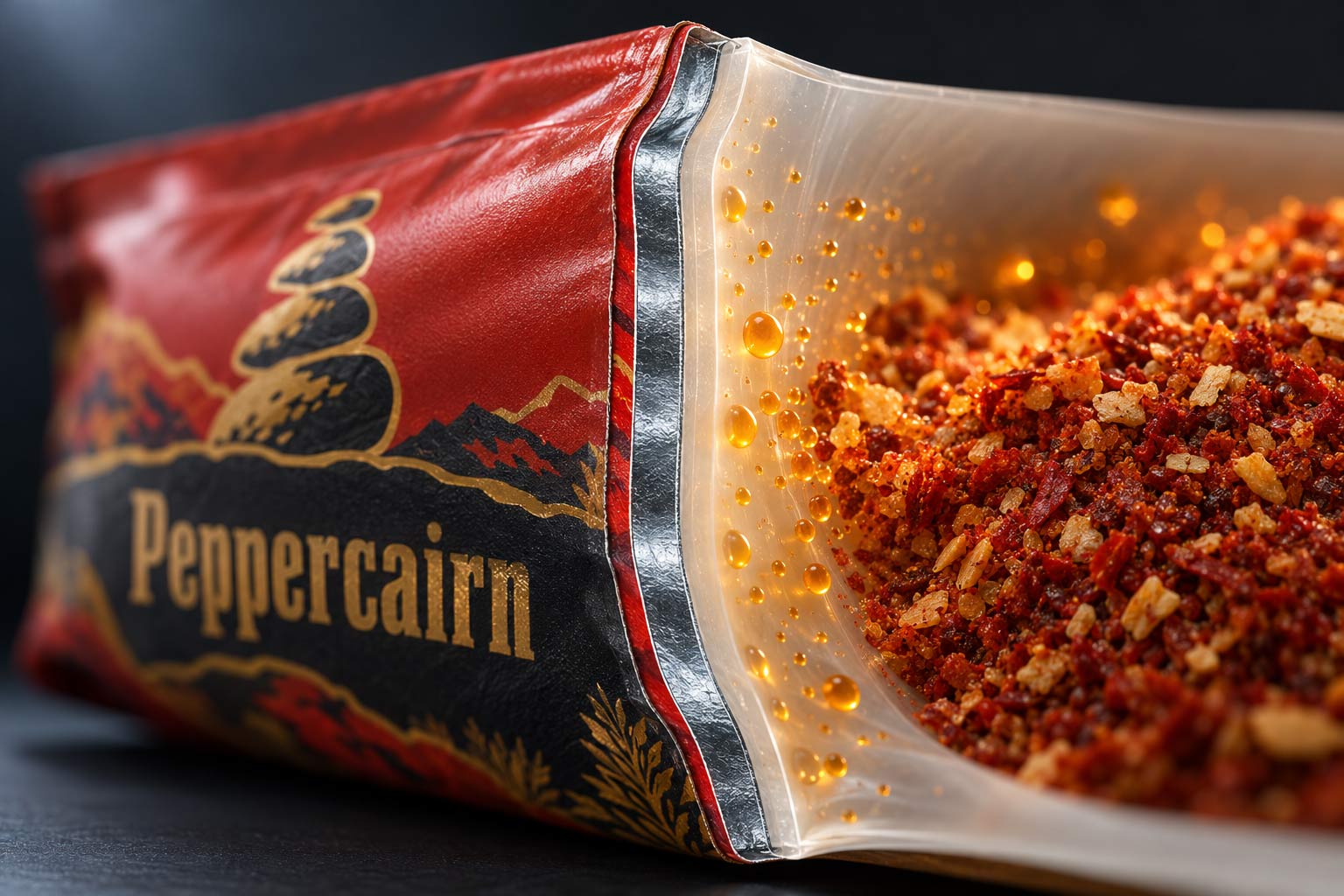 A cutaway diagram of a pouch wall showing the outer print layer, a barrier layer in the middle, and a thick inner sealant layer touching the food, with aroma moving into the sealant