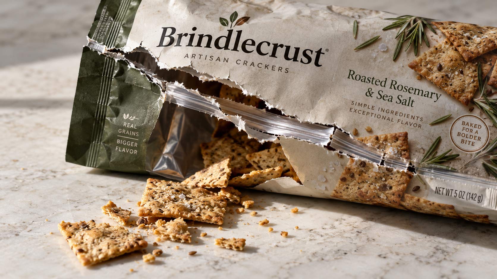 A food pouch opened at the tear notch with the tear curving down into the bag and product spilling out