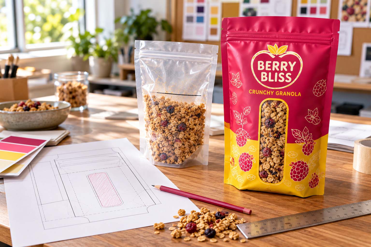 A food pouch with its clear window placed low on the front panel, fully filled with settled product, and a pencil line marking the settled fill height on a sample bag beside it