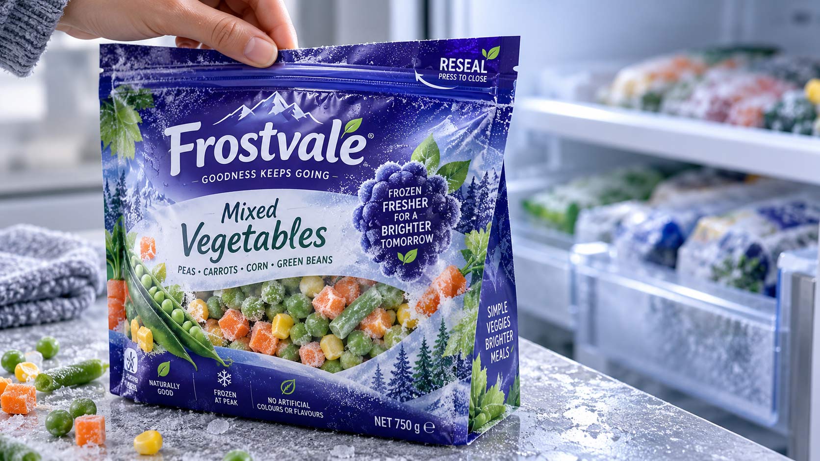 A resealable stand-up frozen vegetable bag with a press-to-close zipper being pressed shut, frozen peas and vegetables visible through a frosted window