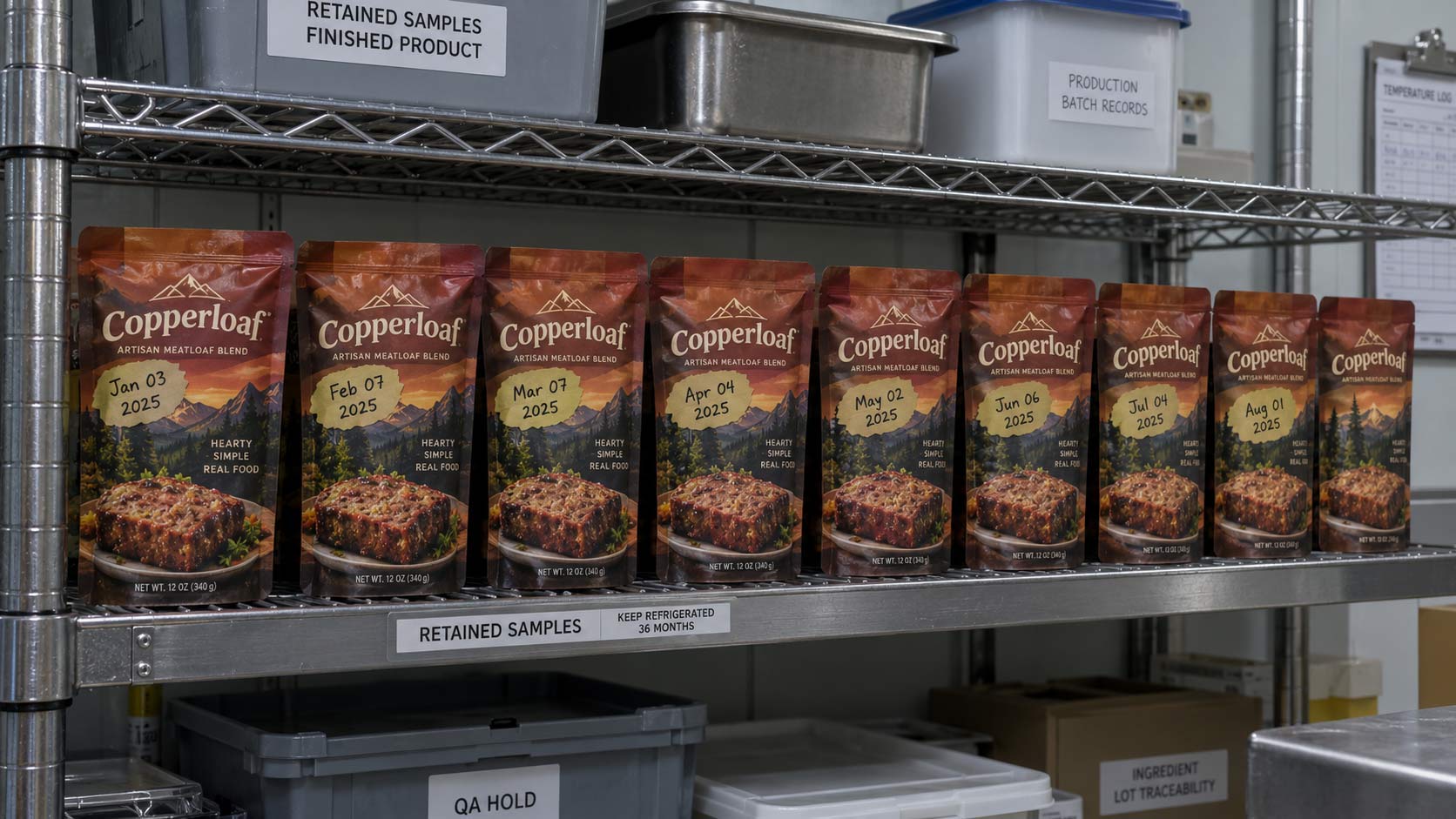 Retained samples of packaged food lined up and dated on a storage shelf for shelf life assessment