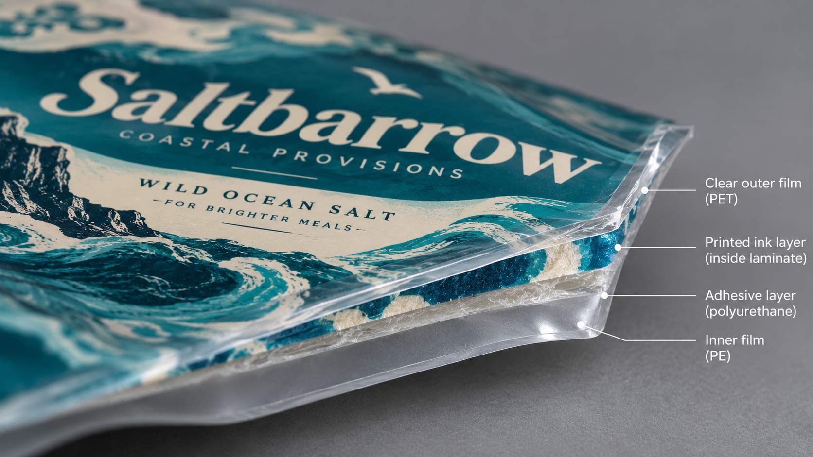 A cross section view of a laminated food pouch showing the printed layer sealed between the clear outer film and the inner film