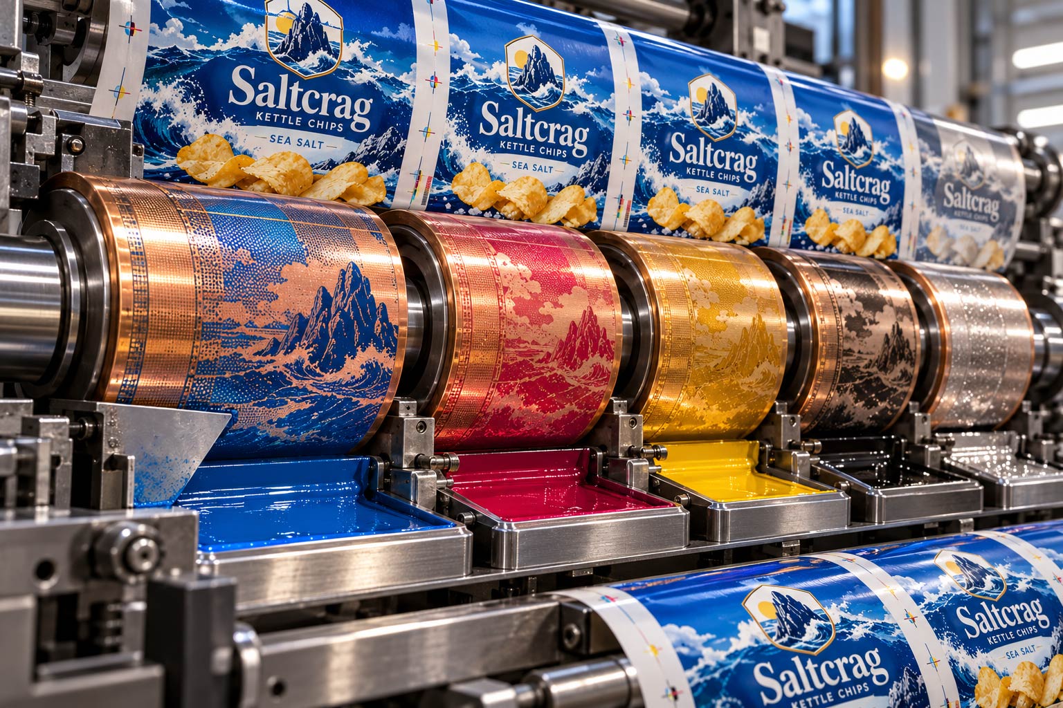 Engraved rotogravure cylinders on a packaging press