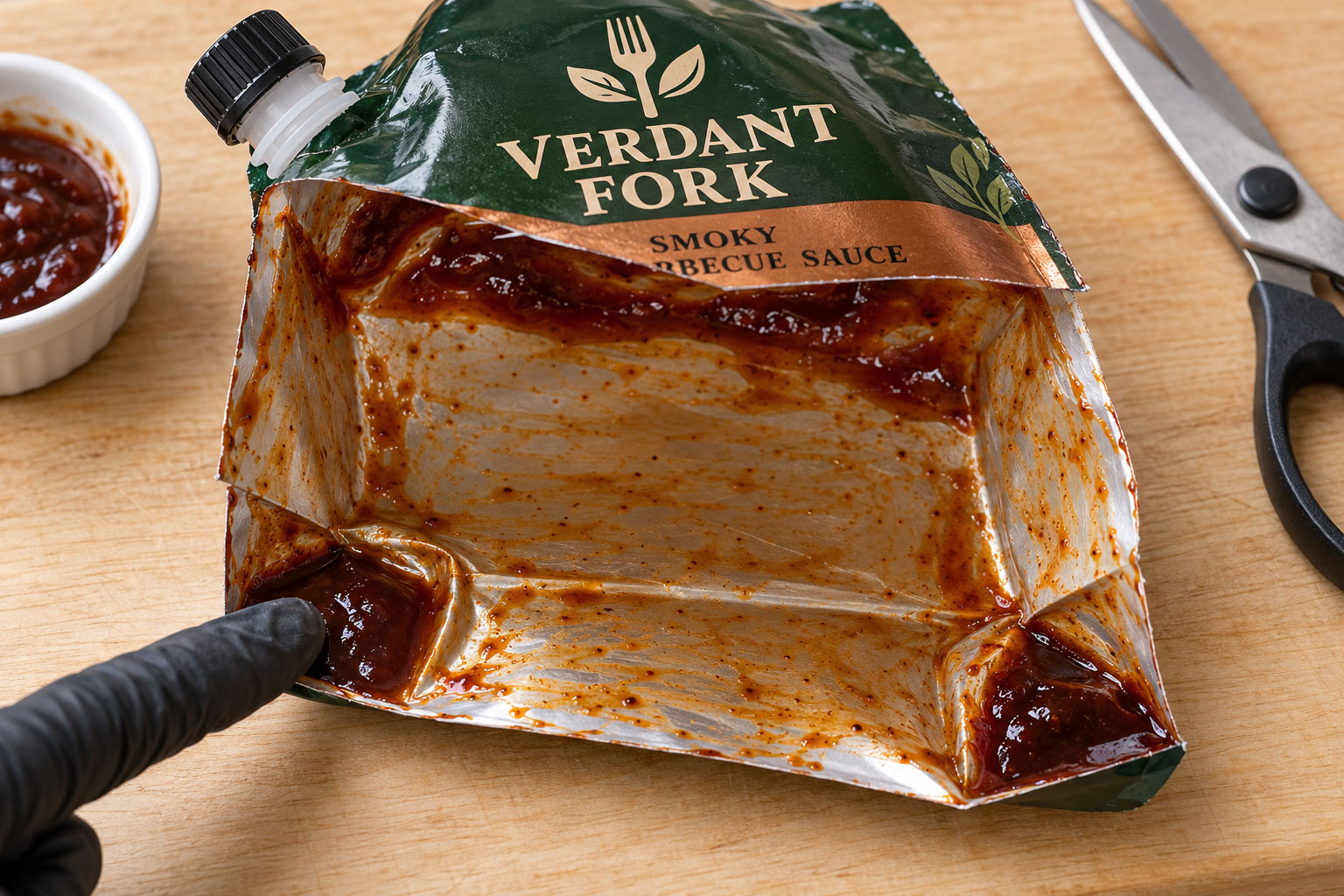 A spouted sauce pouch cut open on a cutting board, showing sauce left in both bottom corners, along the shoulders and smeared across the inside walls