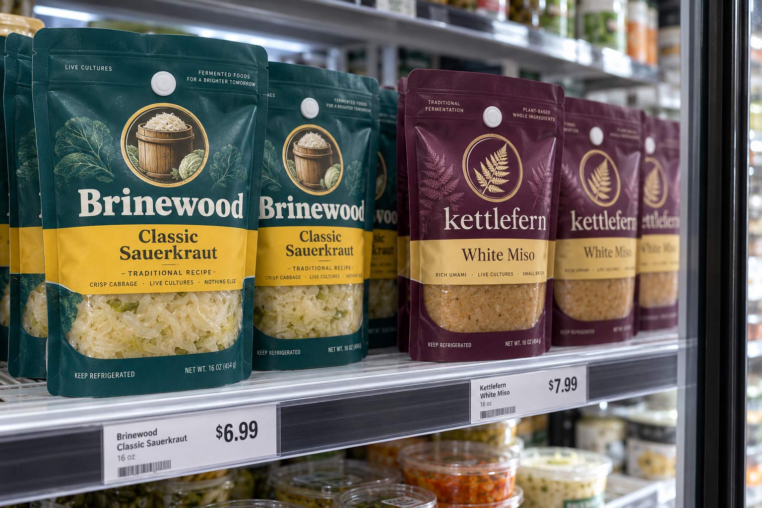 Pouches of sauerkraut and miso with small one-way valves on the front, standing neatly on a refrigerated store shelf