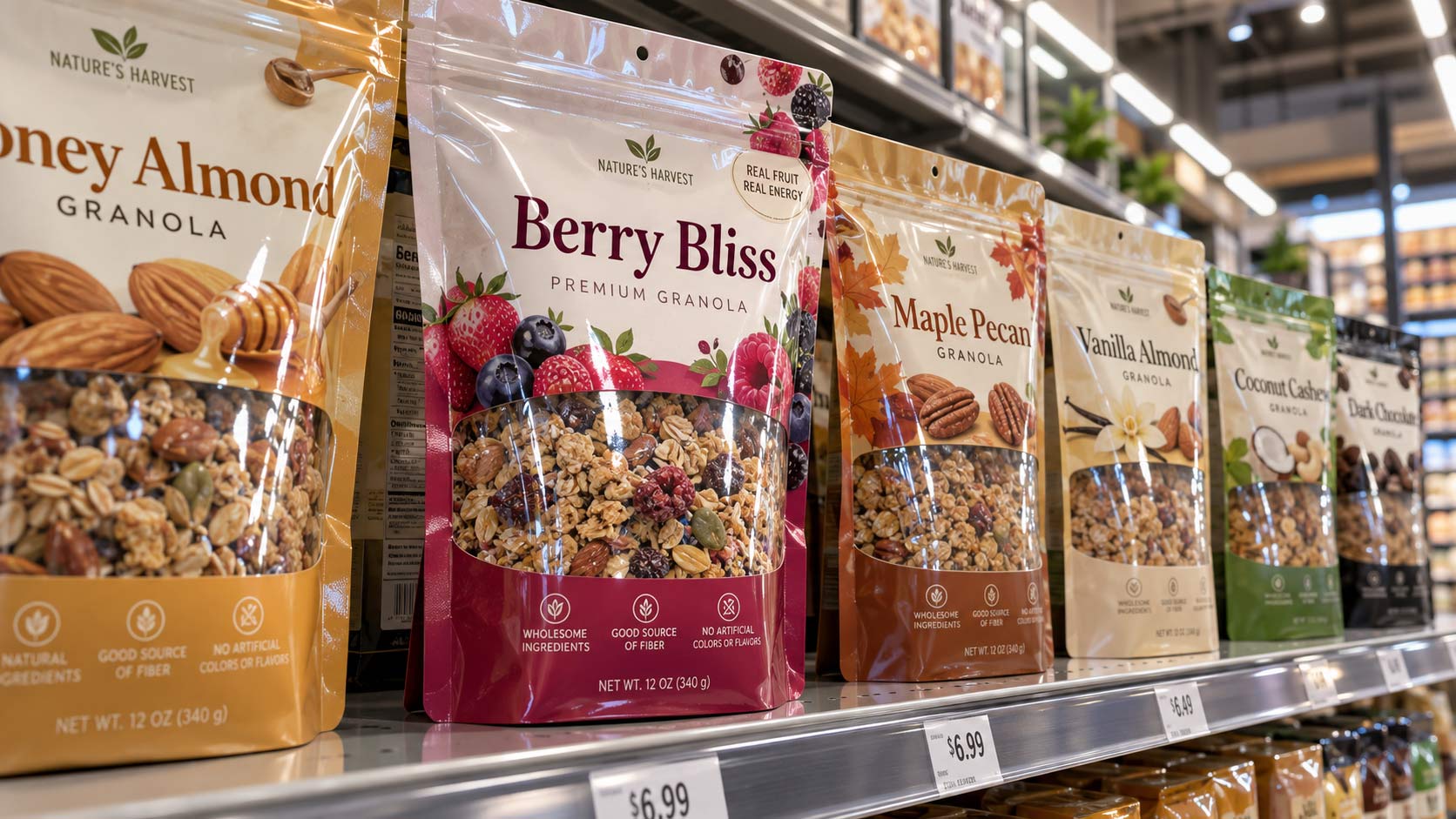 A snack pouch with a large clear window on a bright retail shelf under directional store lighting, with the product inside clearly visible behind the window