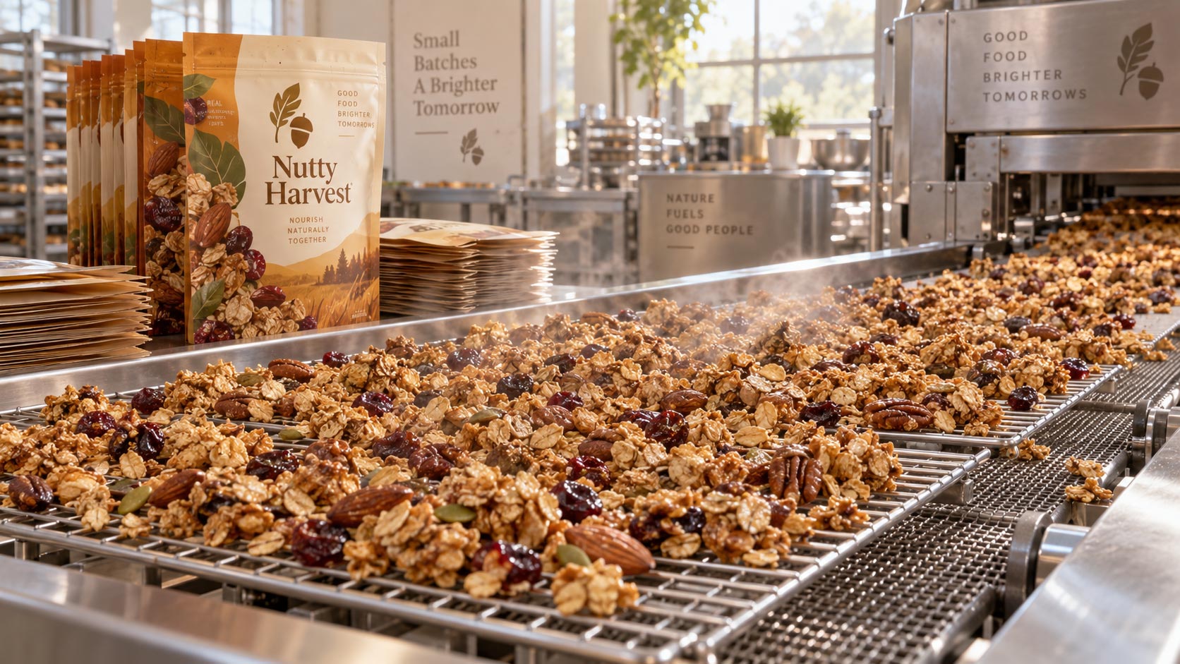 Freshly made snack product spread out on cooling racks and a conveyor before it reaches the bagging line
