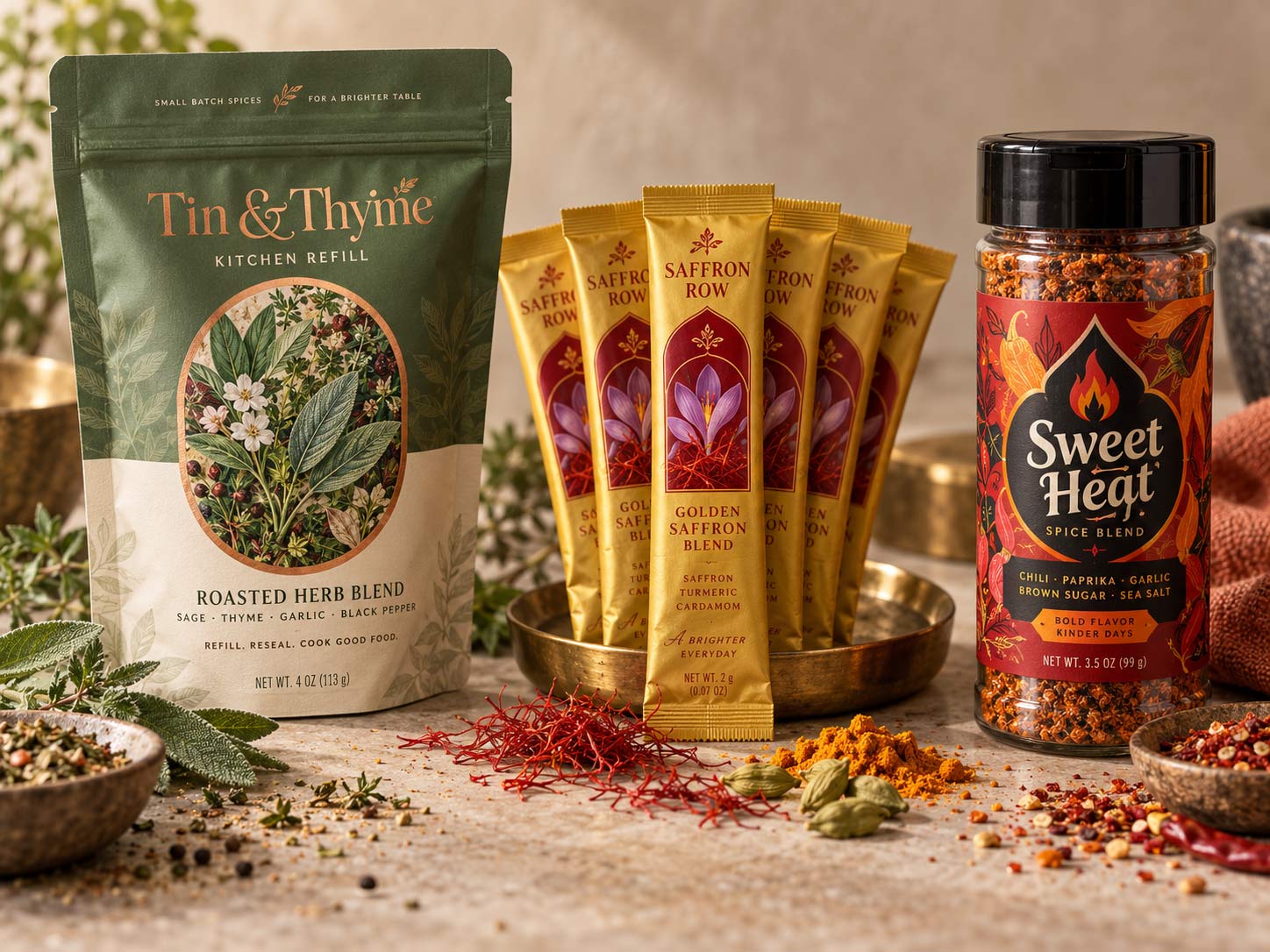 Three spice packaging formats side by side, a resealable refill pouch, a fan of single-use stick packs, and a shaker jar, each a different fictional spice brand