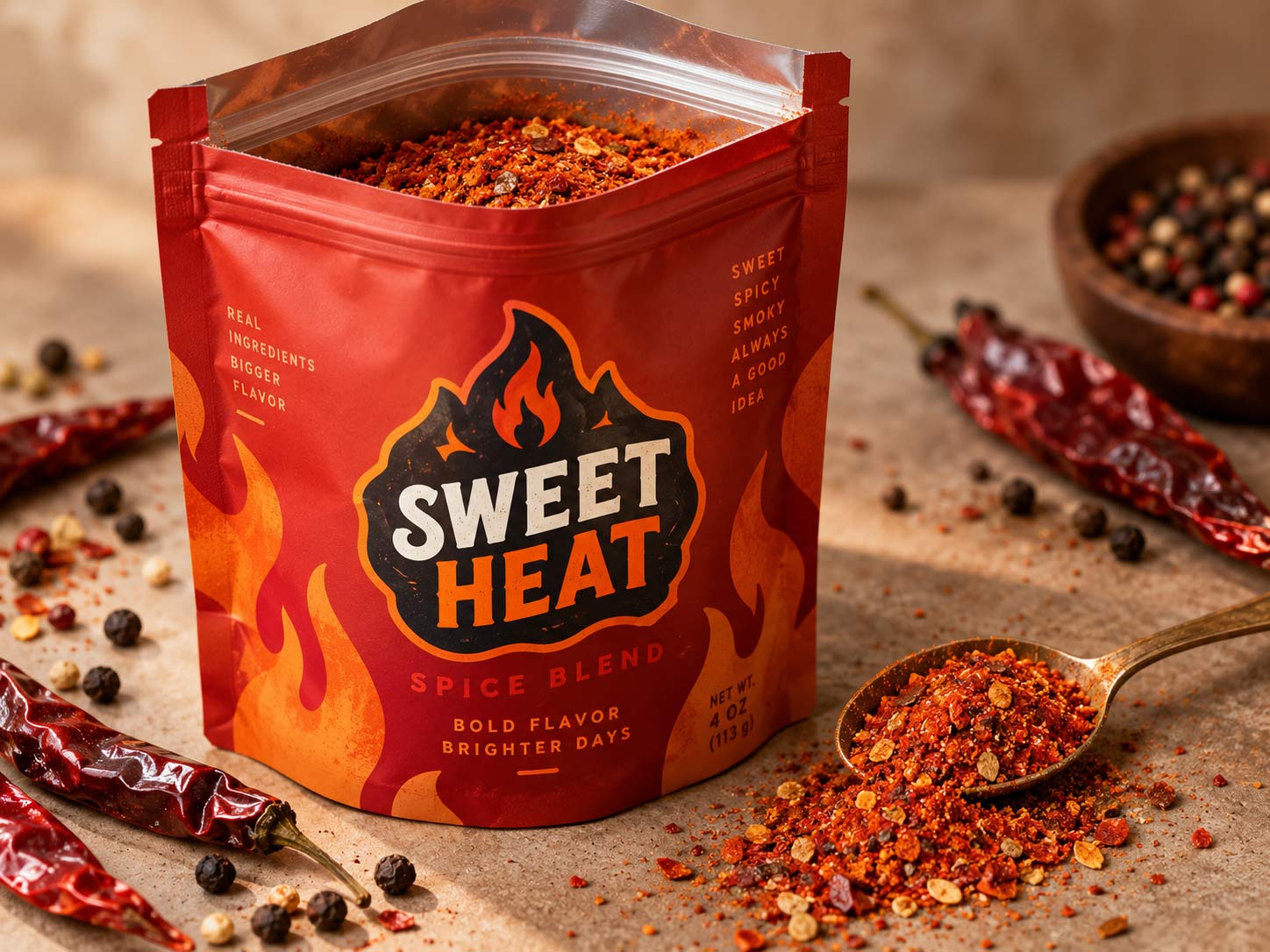 A resealable spice pouch open at the top with the zipper visible and a vivid red-orange seasoning blend inside, a small spoonful spilling out beside whole spices