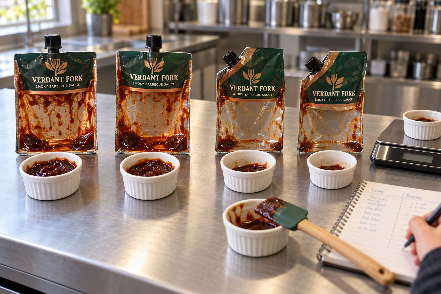 Several used sauce pouches cut open on a kitchen counter next to a small digital scale and a bowl of scraped-out sauce, with a notepad comparing pouch shapes