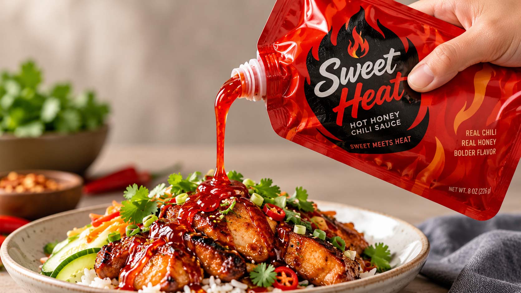 A hand squeezing a spouted sauce pouch, a clean ribbon of red sauce pouring from the corner spout