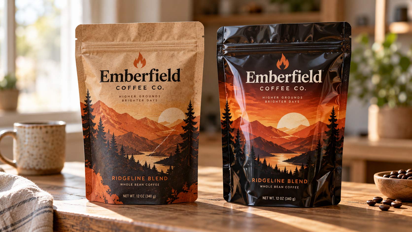 A kraft paper pouch printed on the surface beside a glossy laminated pouch with the artwork sealed inside the film