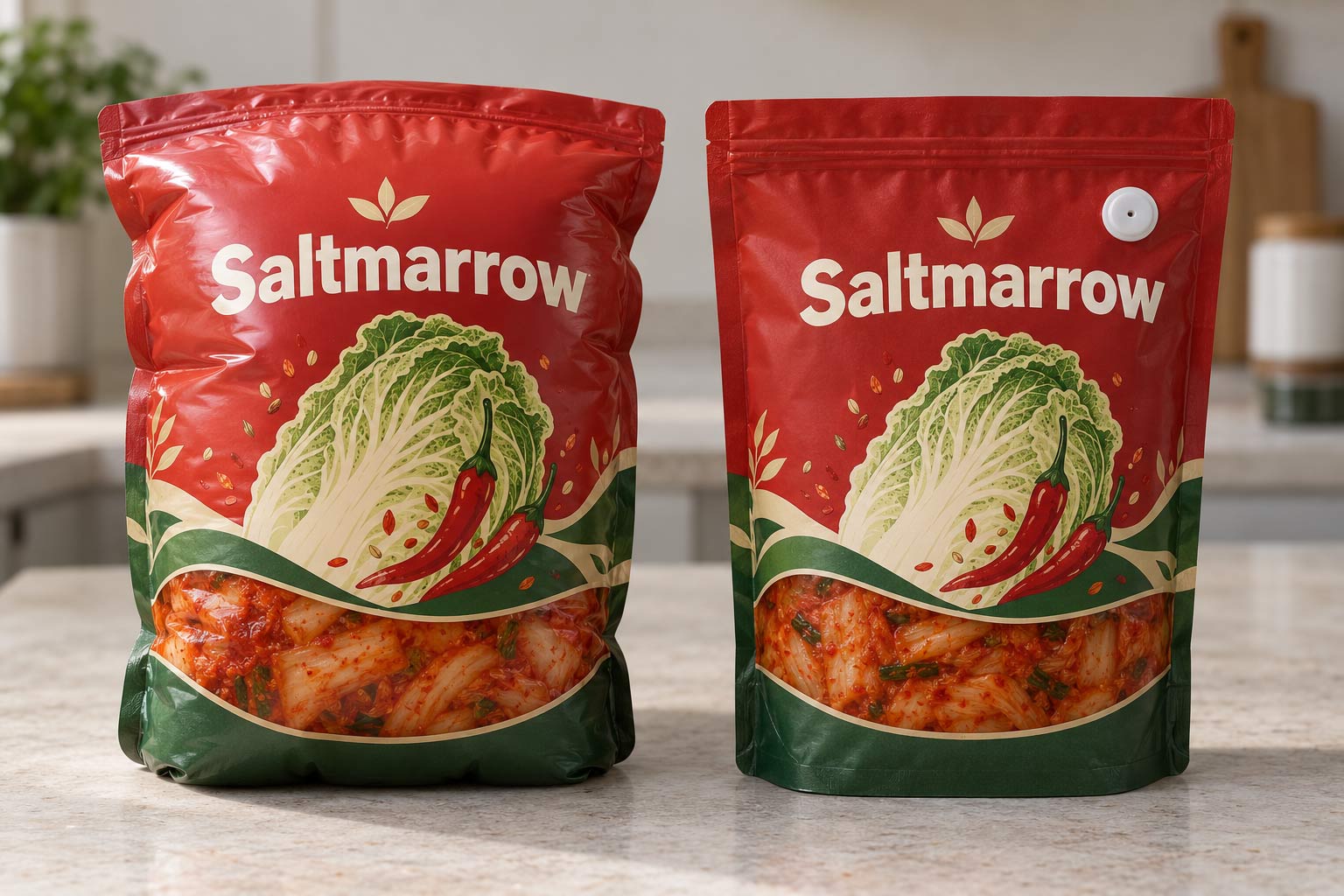 Two pouches of kimchi side by side on a counter, one swollen tight like a pillow and one sitting flat with a small valve on the front