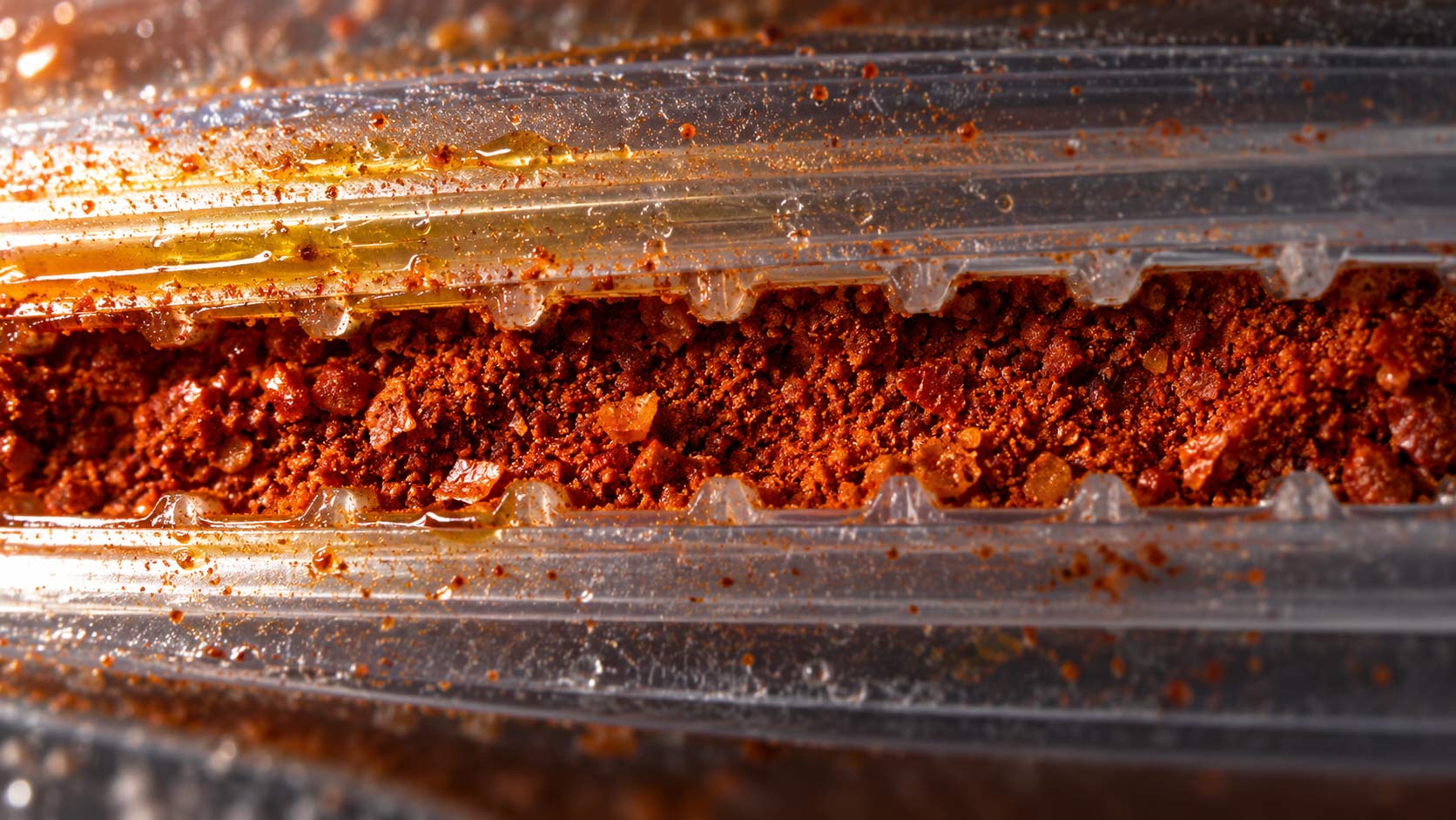 Extreme close-up of an open press-to-close zipper track on a food pouch with fine powder packed into the channel and an oily film along the profile